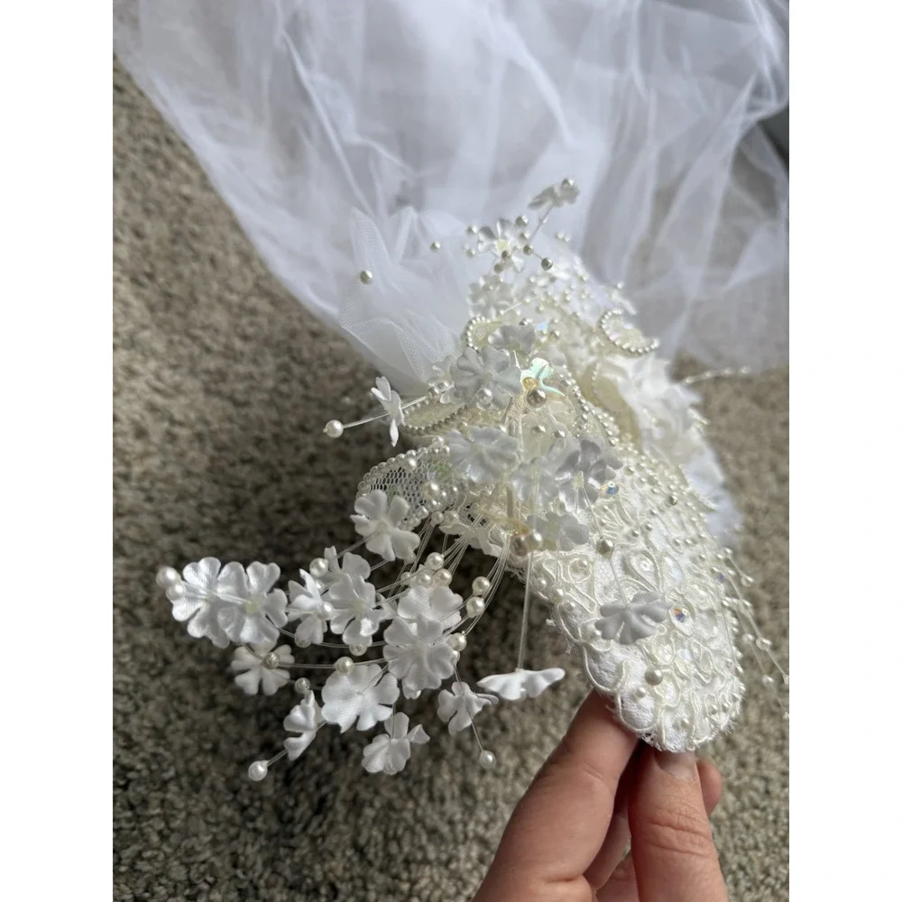 Vintage bohemian Bridal‎ Hat Veil White Lace Beaded Floral Wedding 30